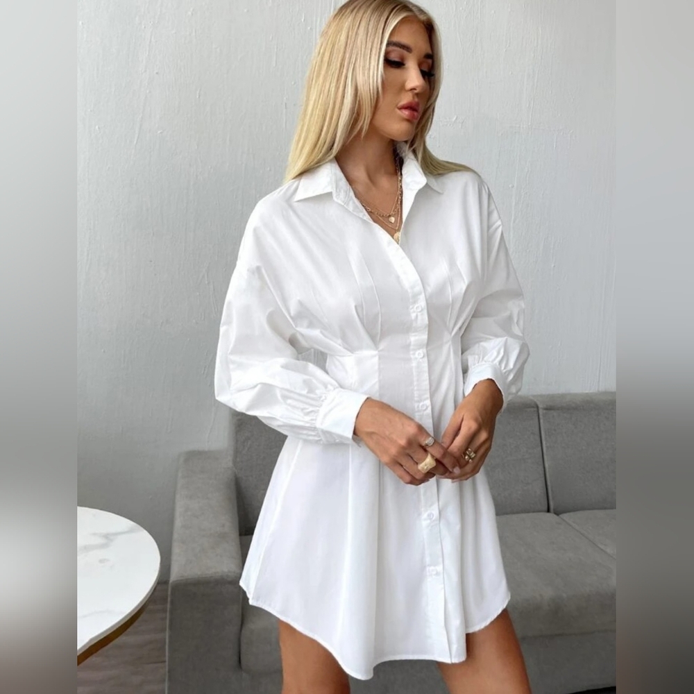 Drop Shoulder Fold Pleated Solid Shirt Dress Chic White Button-Up